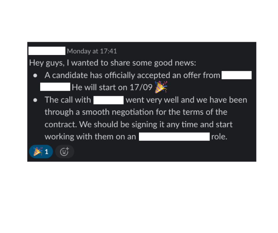 Candidate accepted offer, smooth negotiation, contract signed