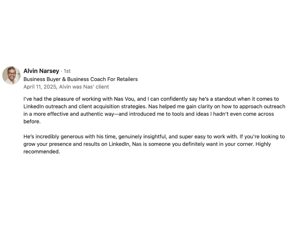 LinkedIn recommendation from Alvin Narsey, Business Coach